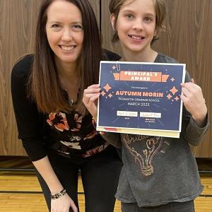 Autumn Morin receives the Principal’s Award from Principal Ainslee Riley. (Photo courtesy Thomaston Grammar School)