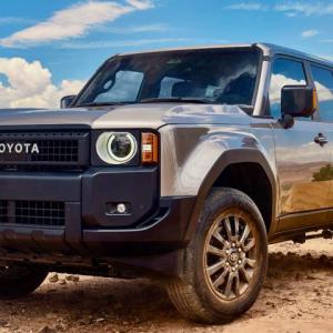 Completely new, this umpteenth version of the Land Cruiser, the 250 Series, appeared in the US last year as a relatively compact (though not small) two-row ute with a hybrid gas-electric drivetrain and serious off-road hard- and software. This color is called Meteor Shower.