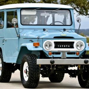 The utilitarian FJ40 Land Cruiser—this is a 1976 model—was available in different configurations and has become an icon and a collector’s item. Like the Jeep Wrangler, it was descended from a WWII military vehicle.