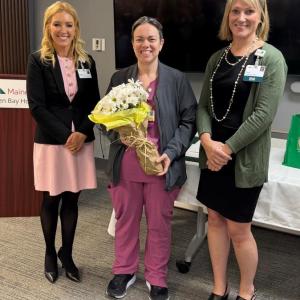 Pictured, from left: Denise Needham, PharmD, president of MaineHealth Pen Bay and Waldo Hospitals; Pen Bay DAISY Award Winner Heather Russell, RN; and Kristin Cyr, RN, MSN, chief nursing officer of MHPBH and MHWH, during a recent award ceremony at MaineHealth Pen Bay Hospital. (Photo courtesy MaineHealth)