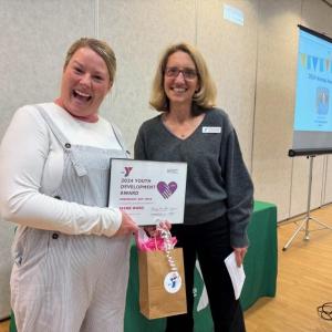 2024 Youth Development Award winner Jayme Ward, Lead Infant Teacher, with Sr. Director of Operations Meredith Gutheinz. (Photo courtesy Penobscot Bay YMCA)
