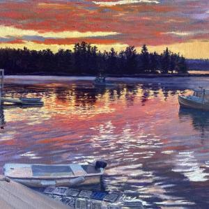 Karin Strong, "Sunrise at Olson's Depot", oil on canvas. (Photo courtesy Cushing Historical Society)