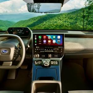 For better visibility, the Solterra’s unique raised instrument panel appears to the driver above the squared-off steering wheel. As befits an EV, the Solterra offers a multitude of electronic functions and apps plus ample connectivity. The gear selector may be the simplest out there: Push down on the center knob and click it left or right for Drive or Reverse. Selecting Park automatically engages the e-brake. 