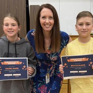 Principal Award winners Haze Dare and Bryce Slape with Principal Ainslee Riley. (Photo courtesy Thomaston Grammar School)