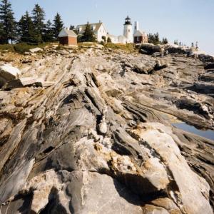 BEDROCK AT PEMAQUID POINT. Henry Berry and Steve Dickson Presentation, August 24. The iconic geology of Pemaquid and the Maine Coast will be explored at the OBHS Summer Speaker Series on August 24. (Photo by AM Hussey)