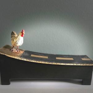 Raymond Mathis, Why Did The Chicken Cross The Road, stash box,  bronze, steel, and vintage toy. (Photo courtesy Salt Pond Studio)