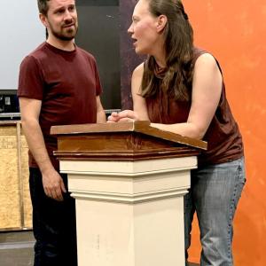 Tyler Johnstone (left) and April Rejman rehearse a scene from “Mr. Danby’s Son” by Dennis Hartin. (Photo by Gwyneth Sauvage) Tyler Johnstone (left) and April Rejman rehearse a scene from “Mr. Danby’s Son” by Dennis Hartin. (Photo by Gwyneth Sauvage)