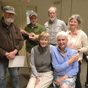 Left to right, the songwriters are Peter Saladino, Frank Boscoe, Ken Gross, and Carol Graff; and in the front row, Ellen Berry and Liz Cunningham. (Photo courtesy Ken Gross) 