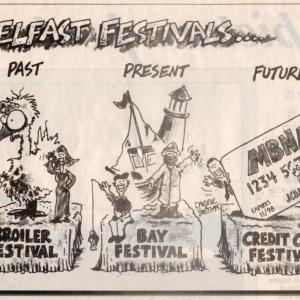 Belfast Festivals Past, Present, Future. Darryl Smith cartoon. (Image courtesy Belfast Historical Society & Museum)