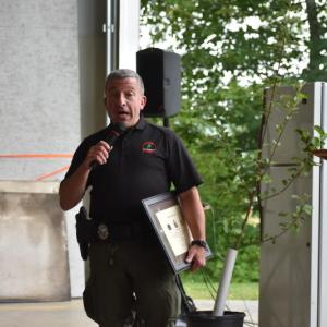 Scott Maddox represents the Forest Service and conveys thanks to Keller in his role as Town forest fire warden. (Photo by Sarah Thompson)