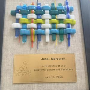 Janet Morecraft's award. (Photo courtesy PAWS Animal Adoption Center)