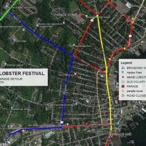 Road closures, detours for 2025 Lobster Festival parade in Rockland, Saturday, Aug. 2, 2025. (Image courtesy Rockland Police Dept.) 