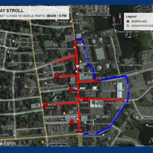 Red represents closed streets and barricade locations. (Image courtesy Rockland Police Dept) Red represents closed streets and barricade locations. (Image courtesy Rockland Police Dept)