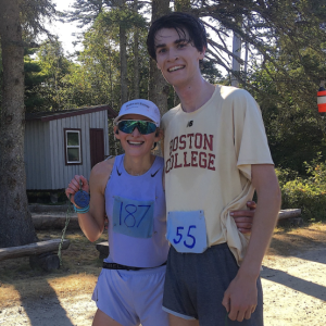 Emma Howe, of York, and Peter Fox, of Aurora, Colorado, crossed finish line one second apart, Emma 1:20:24 and Peter, 1:20:25. (Photo courtesy Steve Cartwright) c