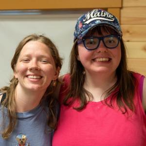 (Now) In July, with help from Mia Winslow of Belfast (L), Addie Bowden of Augusta (R) recreated a special photo of herself at Pine Tree Camp with her very first friend. (Photo courtesy Pine Tree Camp)