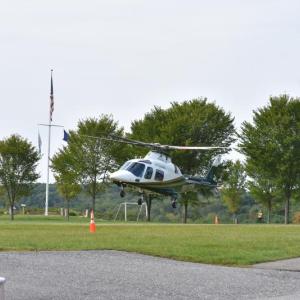 LifeFlight of Maine takes off from the playing fields at Thomaston Green with a patient involved in a motor vehicle crash, Sept. 10, 2025. (Photo by Sarah Thompson)