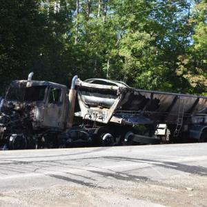 Tractor trailer truck at approximately 2:30 p.m., after all flames are extinguished. (Photo by Sarah Thompson)