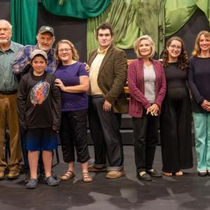 The cast and some of the production team of Belfast Maskers' "One Blue Tarp" by Travis G. Baker. (L-r): Cassidy Small (Stage Manager), Tom Maycock (Ira Jacobson), Samuel Jacobs (Buddy Pritchard), Robert Smith (David Stillman), Emily LeBlanc-McConnell (Joan Stillman), Jakob Sutton (Carl Ray), Ru Monsell (Gale Pritchard), Kristen Paarlberg (Hester Pritchard), Julia Clapp (Judy Stillman), Meg Nickerson (Director). (Photo by Gwyneth Sauvage) The cast and some of the production team of Belfast Maskers' "One Blue Tarp"
