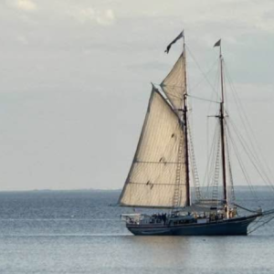The Lewis R. French anchors off Ducktrap for the evening. The Lewis R. French launched in April 1871, and claims the title of America’s oldest windjammer. (Photo by Heather Moran)