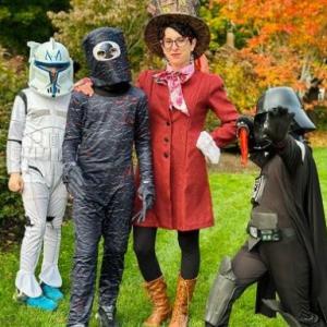 Stephanie Curcione and students in costume. (Photo courtesy Rockport Public Library)