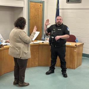 February 24, 2025, Eric Quatrano is sworn in as a patrol officer for Thomaston, Maine. (Thomaston Police Dept. Facebook photo)