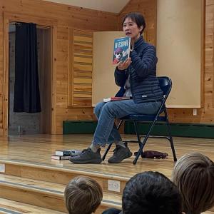 Tess Gerritsen on the Riley School stage. (Photo by Annie Hasselgren)