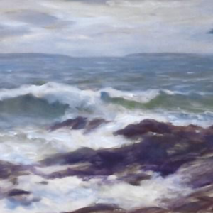 Artwork by Sandra Mason Dickson. (Photo courtesy Jackson Memorial Library) Painting of ocean waves against rocks