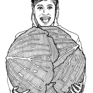 Pencil drawing of a person holding a very large cabbage