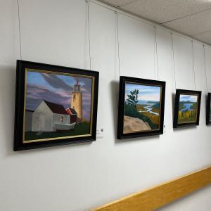 Three framed paintings mounted to a hallway wall