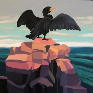 Painting of a black bird standing on rocky outcrop overlooking the ocean