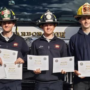 Bennett Cohen and Connor Howland, with the Camden Fire Dept., and Cooper Tardiff with the Buckfield Fire Dept., earned recognition for their performance in four different skills competitions Oct. 26 at the Junior Firefighter Muster in Scarborough. (Photo courtesy Camden Fire Dept.) c