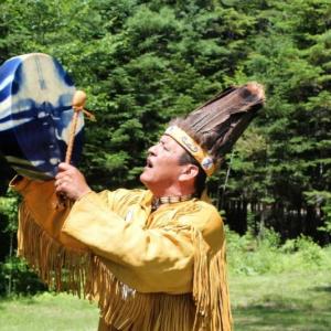 Dwayne Tomah sings a Passamaquoddy song outside of his home in Perry, Maine. (Photo by Robbie Feinberg/Maine Public, provided to Pen Bay Pilot by Camden Public Library) Dwayne Tomah sings a Passamaquoddy song