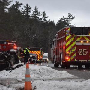 Incident scene showing caution road sign