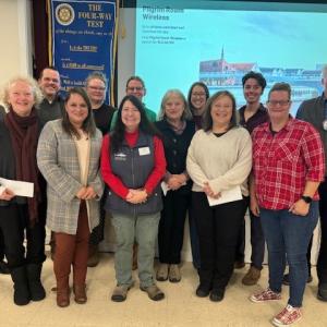 West Bay Rotary of Camden's fall grant recipients were (front l-r): Kit Harrison-Connecting Across Cultures, Rebecca JangDhari Brandes-Coastal Family Hospice Volunteers, Sarah Oktay-Herring Gut, Sue Weichert-Parent Program of Mid-Coast Maine, Jen Feldman-Midcoast Music Academy, Jessica Bergelin-Emergency Warming Center; (back row, l-r) Etienne Perret-WBR President, Joseph Hufnagel-The Landing Place, Chrys DeLorimier-Homeworthy.