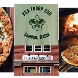 Collage poster with Girls Scout Troop banner over pictures of pizza