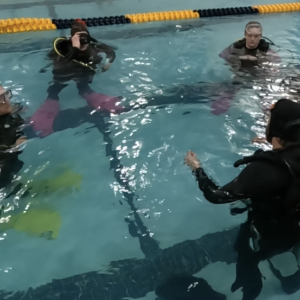 circle of divers in a pool