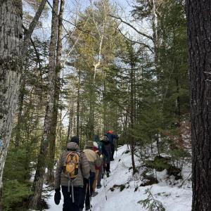 Line of hikers walk up a snow-covered trail