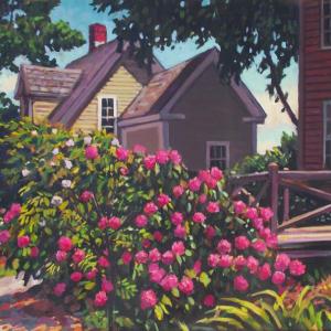 painting of pink rose bush in front of houses