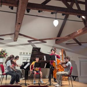 five teenagers play instruments