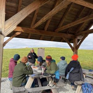 sitting at picnic tables