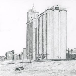 Grain elevators, Lowell, Kansas (Drawing by Rick Cronin)