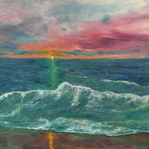 ocean tides painting with pinkish clouds