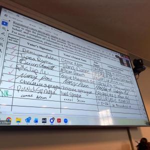 signatures obtained as part of the referendum petition process are shown on a screen. 