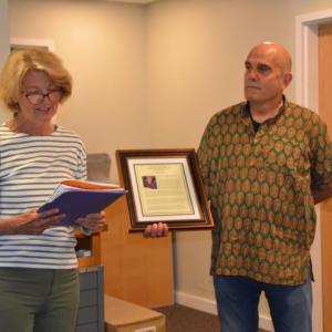 Rockport Select Board Chair Denise Munger with Dwight Sholes (Photo by Lynda Clancy)