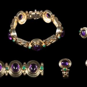 3128 - (4 Piece) 18K Gold Amethyst and Emerald Cabochon Jewelry Suite