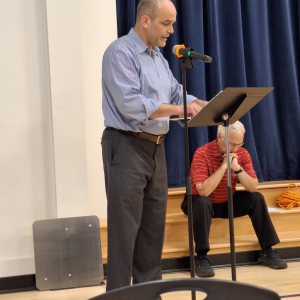 Town Administrator James Kossuth addresses the crowd. (photo by Erica Thoms)