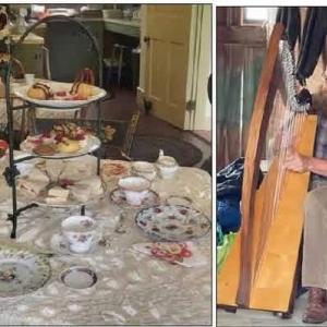two-panel collage, tea cups and harp