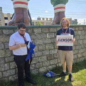 At the feet of the Paul Bunyon statue in Bangor. (Photo by Michael Hurley)