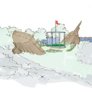 colored drawing of broken ship