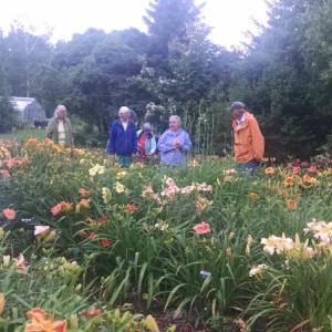 adults stand in a flower garden